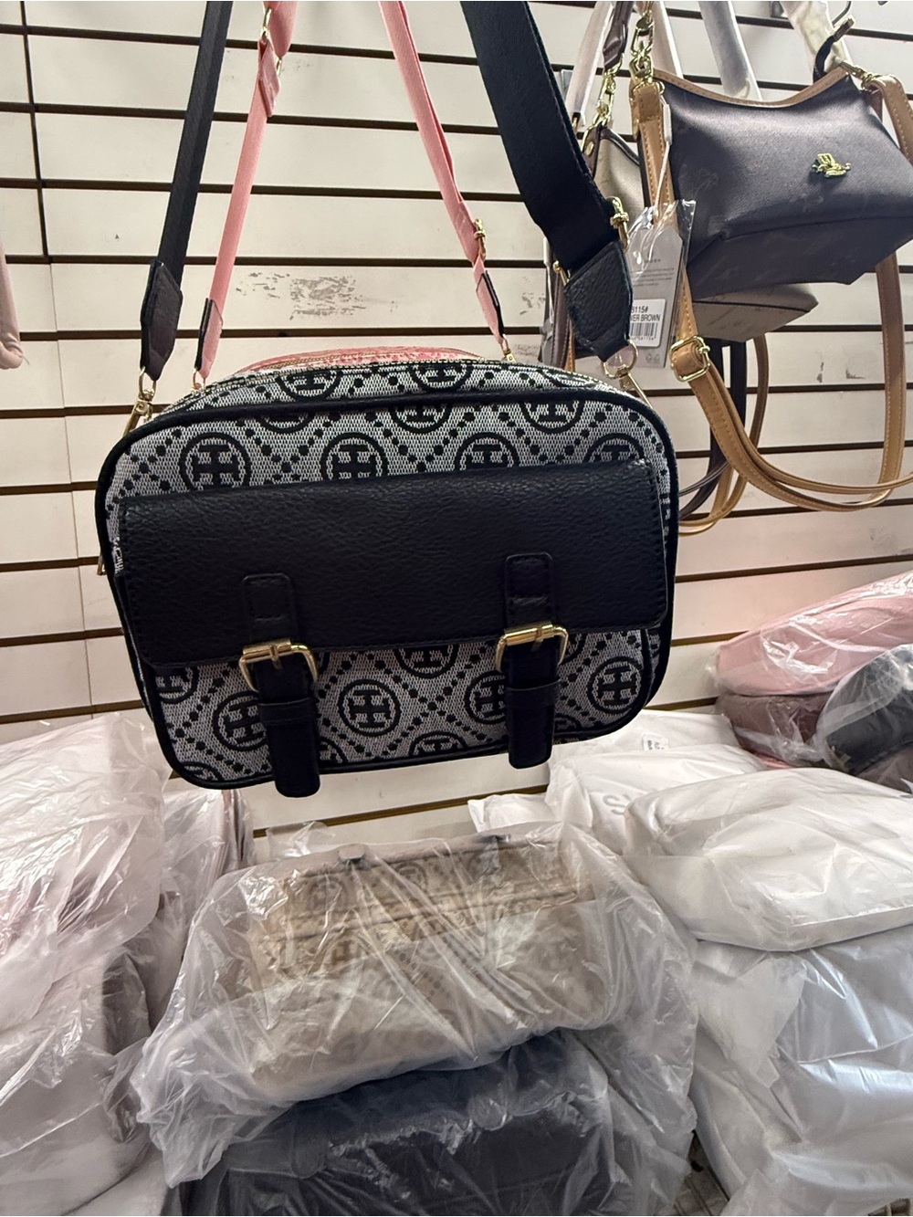 Black and White Pattern Crossbody Bag with Black Trim